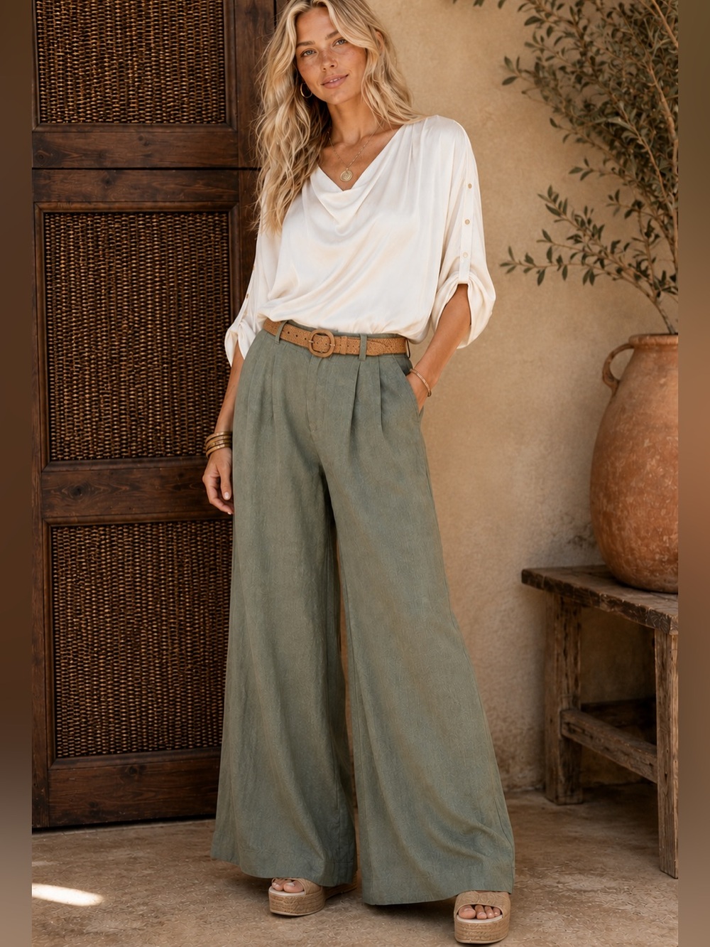 The Republic Wide Leg Linen Blend Pants trousers Olive Green S belt loops pocket